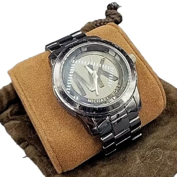 Michael Kors MK-1126 Hematite-Black Logo-Faced Stn.Steel 100m(10ATM) VTG Pre-own - Picture 1 of 11